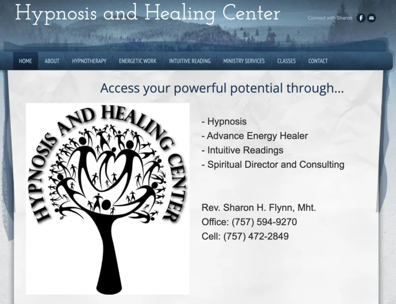 Screen capture of the homepage for the Hypnosis and Healing Center website. On the left is the tree of life with silhouettes of people making up the branches. To the right is contact information for the owner.