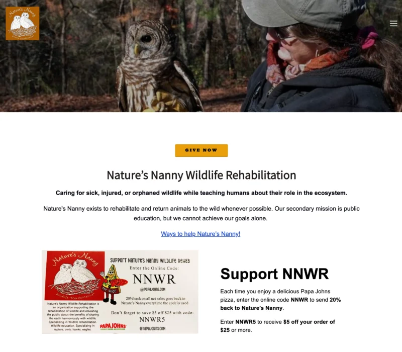 Screen capture of the homepage of the Nature's Nanny website. The banner photo is a woman in a ball cap, winter coat and scarf holding a Barred Owl on her right arm while outside.