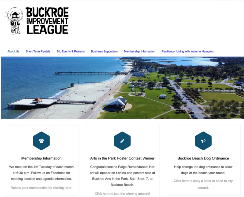 Screen capture of the homepage of the The Buckroe Improvement League. The banner image is an aerial view of Buckroe Beach highlighting the park and fishing pier.